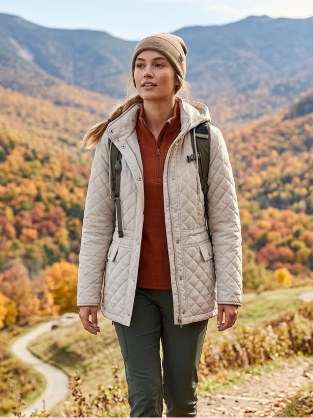 Esprit Light Beige Quilted Hooded Jacket Mid Length Puffer Coat Size M Classic